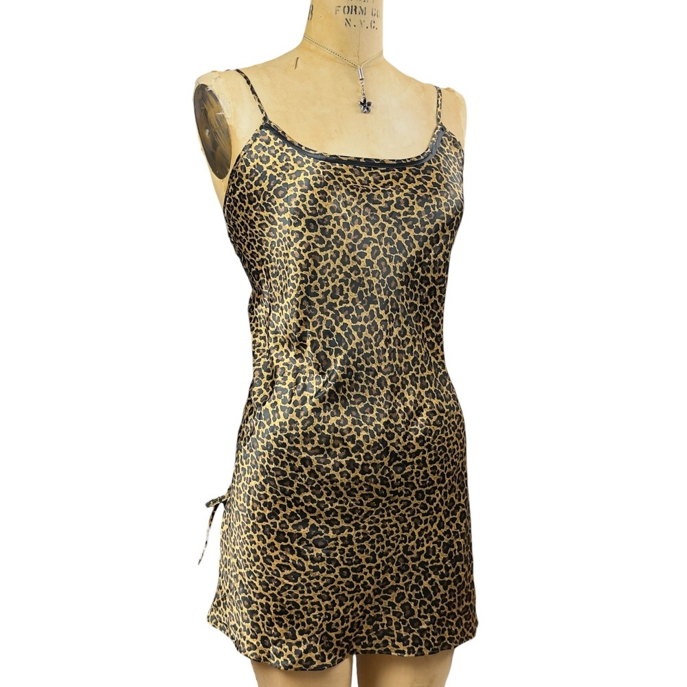 Y2K Leopard Slip Mini Dress Size L Ribbon Ties Hem 2000s Mcbling Indie Coquette - Picture 3 of 8